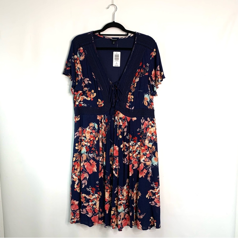 NWT Torrid Mini Gauze Lace Up Skater Dress Sz 1X Navy Blue Floral Print Boho - Picture 4 of 11